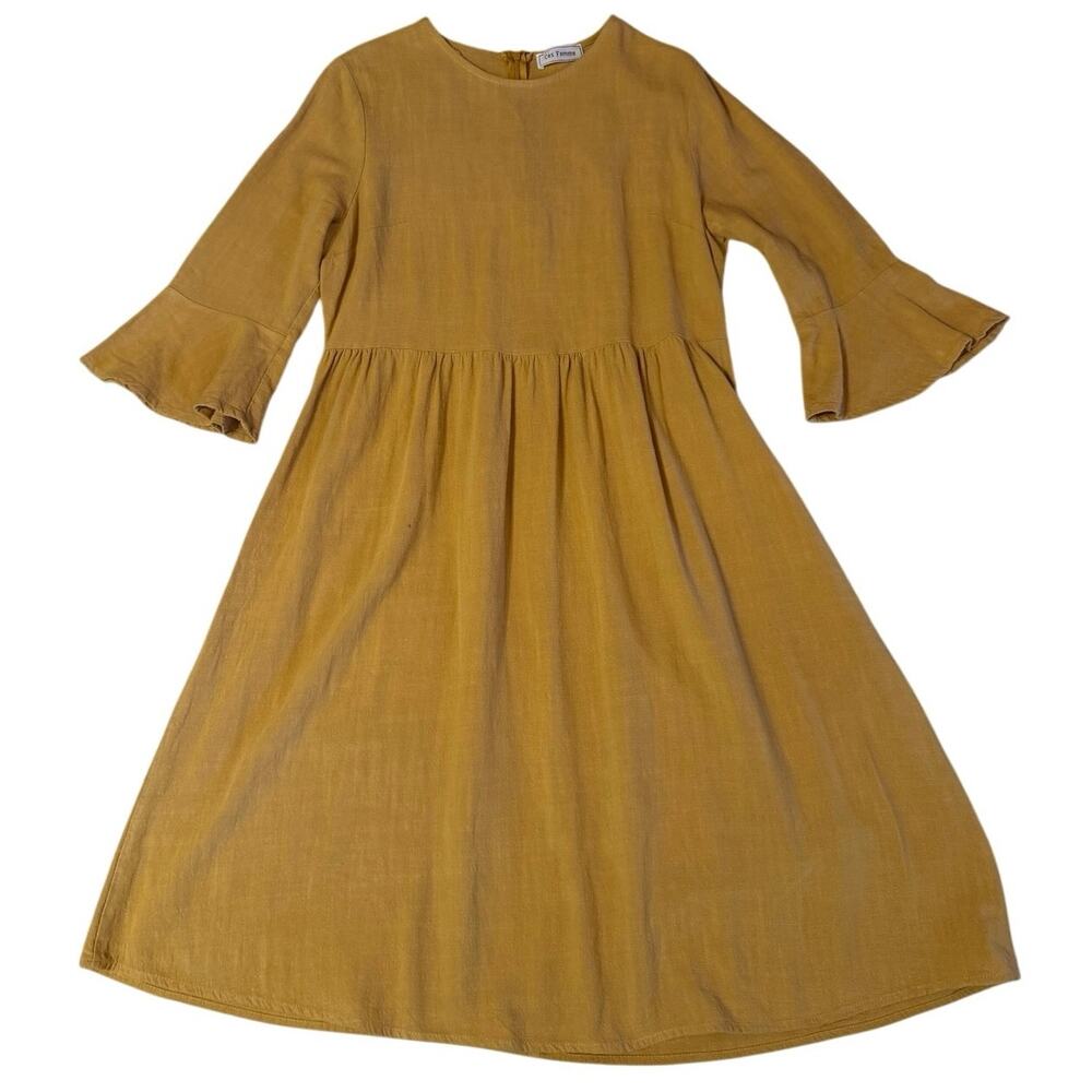 Ces Femme Mustard Yellow Cottage Core Cotton 3/4 Length Sleeve Midi Dress Large